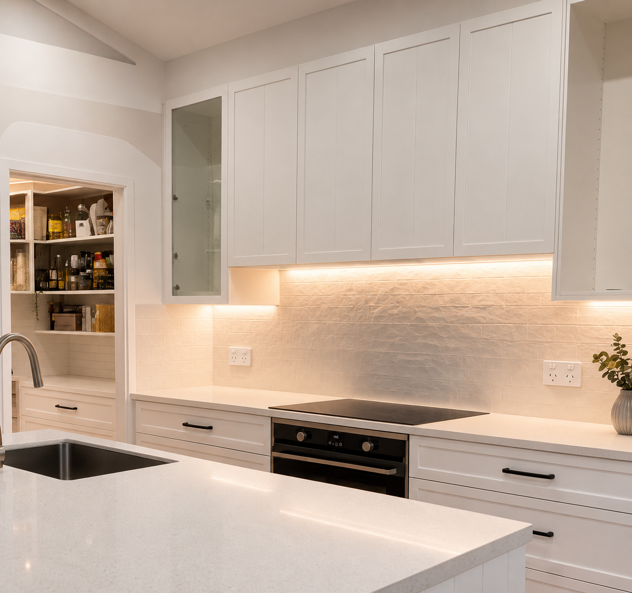 Completed modern kitchen with white subway-style splashback tiles